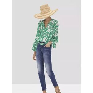 Alexis Idir Top Emerald Green White Floral Ruffle Boho Size Medium With Belt